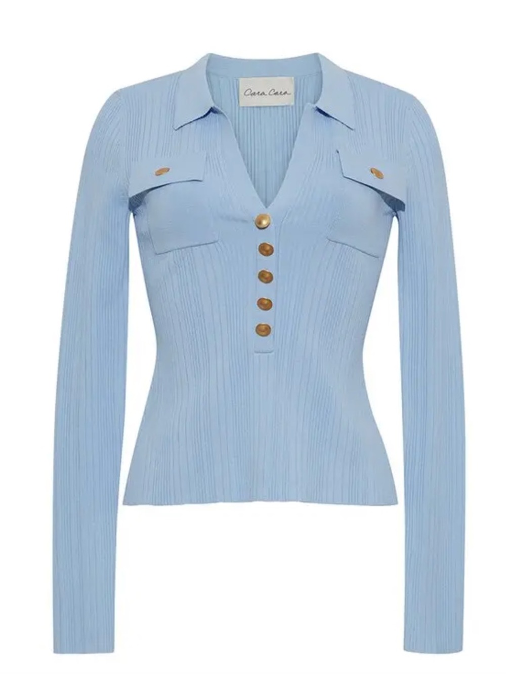 Cara Cara Light Blue Ribbed Long-Sleeve Polo with Gold Buttons - Picture 5 of 5